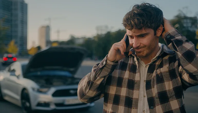 hombre preocupado, con la mano en la cabeza y hablando por teléfono. por detrás se ve su coche y él esta sin sin saber si necesita un abogado o no para consultar el atestado policial